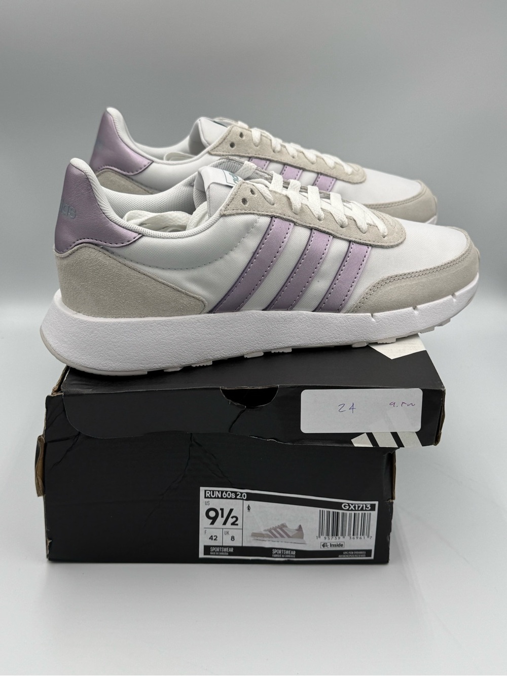 Adidas Run 60s 2.0 Women’s 9.5 White Lavender Sneakers GX1713 NIB